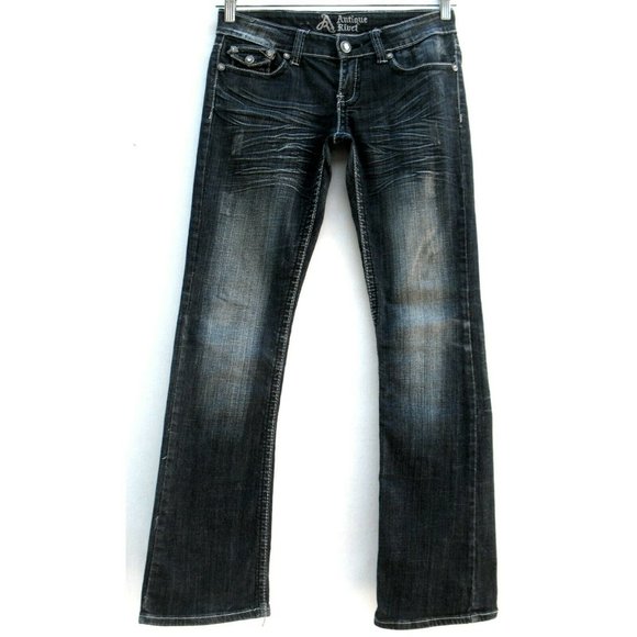 Antique Rivet Bootcut Flap Pockets Embellished Dark Wash Distressed Sz 27 (tag) - Picture 2 of 9